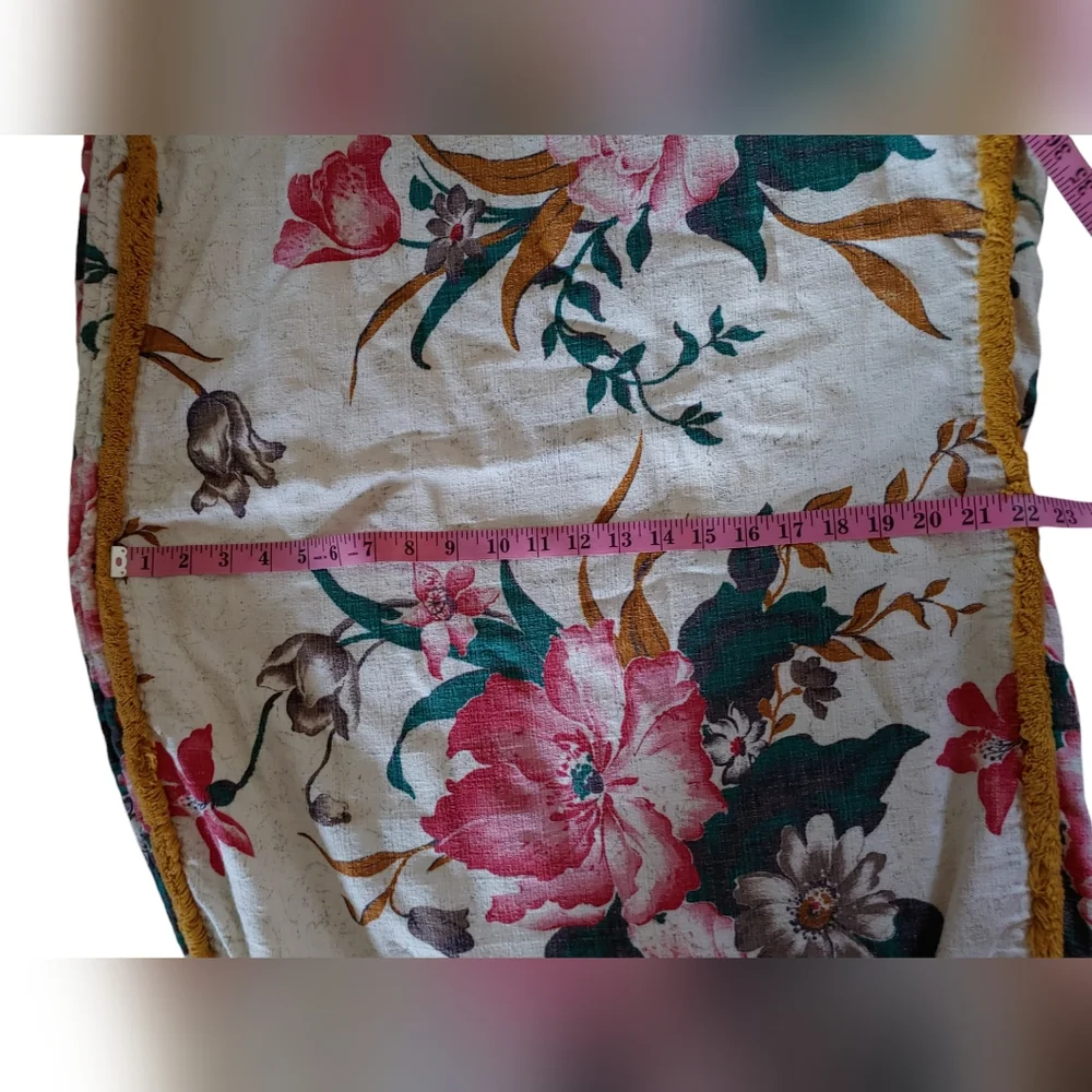 Vintage Barc Cloth Cushion Cover Floral Pattern Edged in Gold Fringe